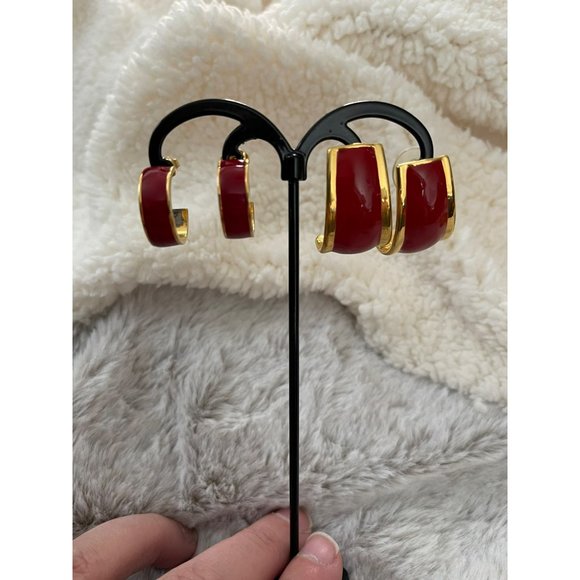 Vintage Avon Gold Tone Red Enamel Semi-Hoop Earrings - 2 Pairs - Picture 6 of 12